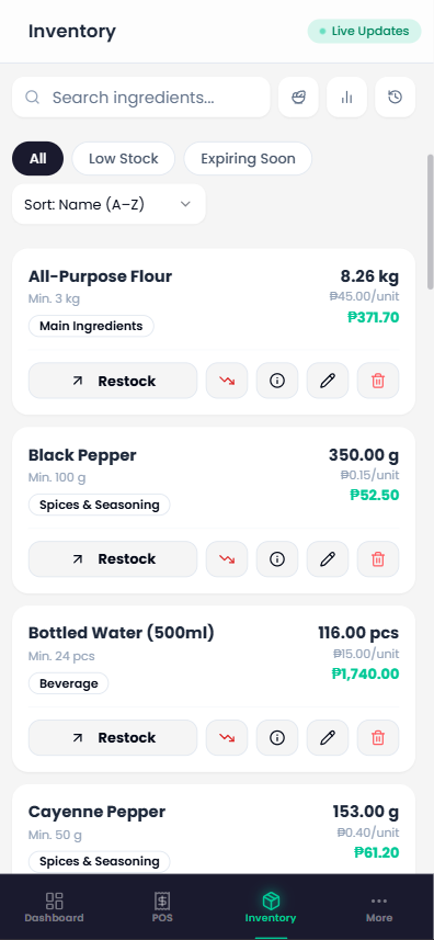 Phone inventory list with restock actions