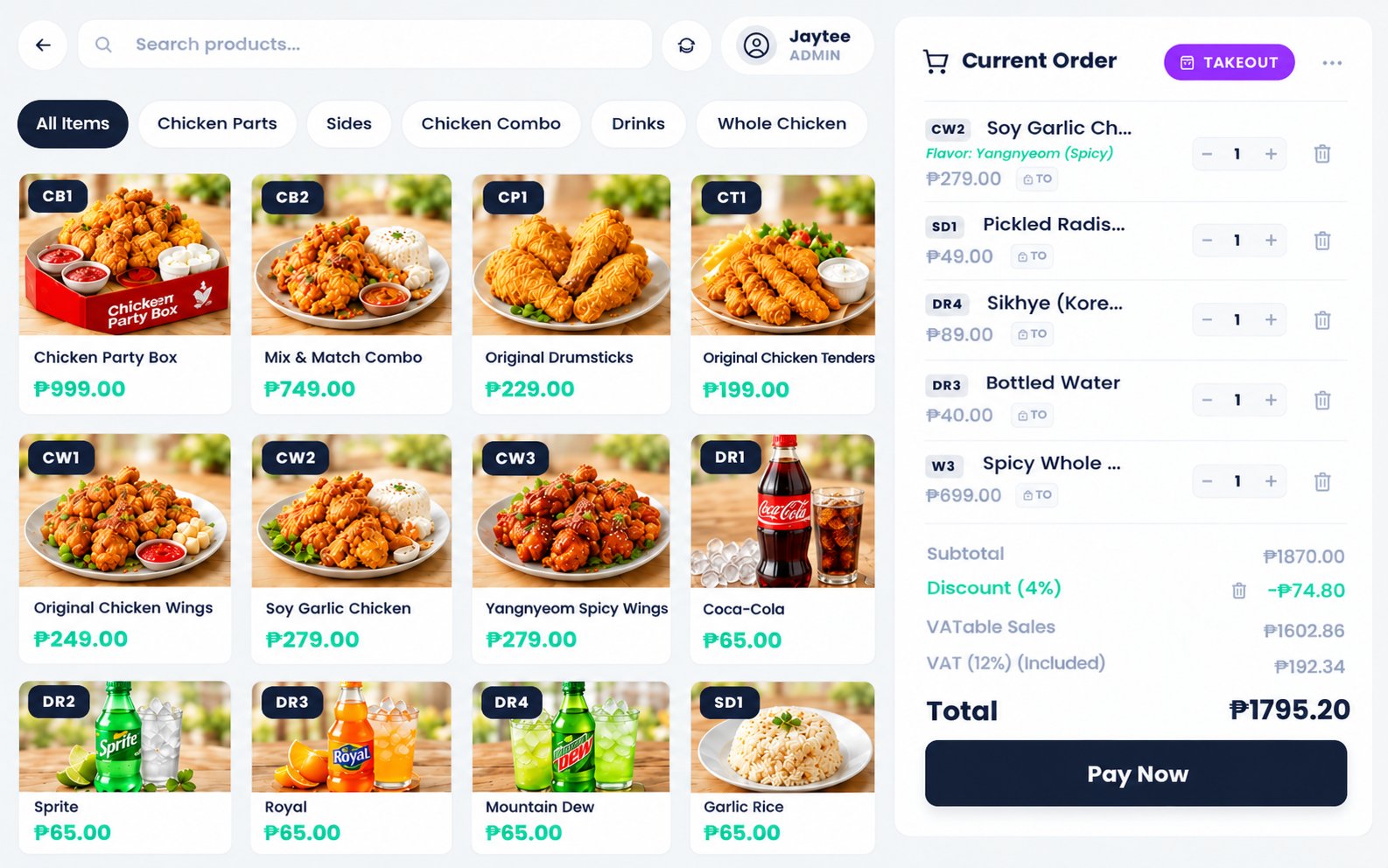 Kasenso POS checkout screen with a product grid and current order