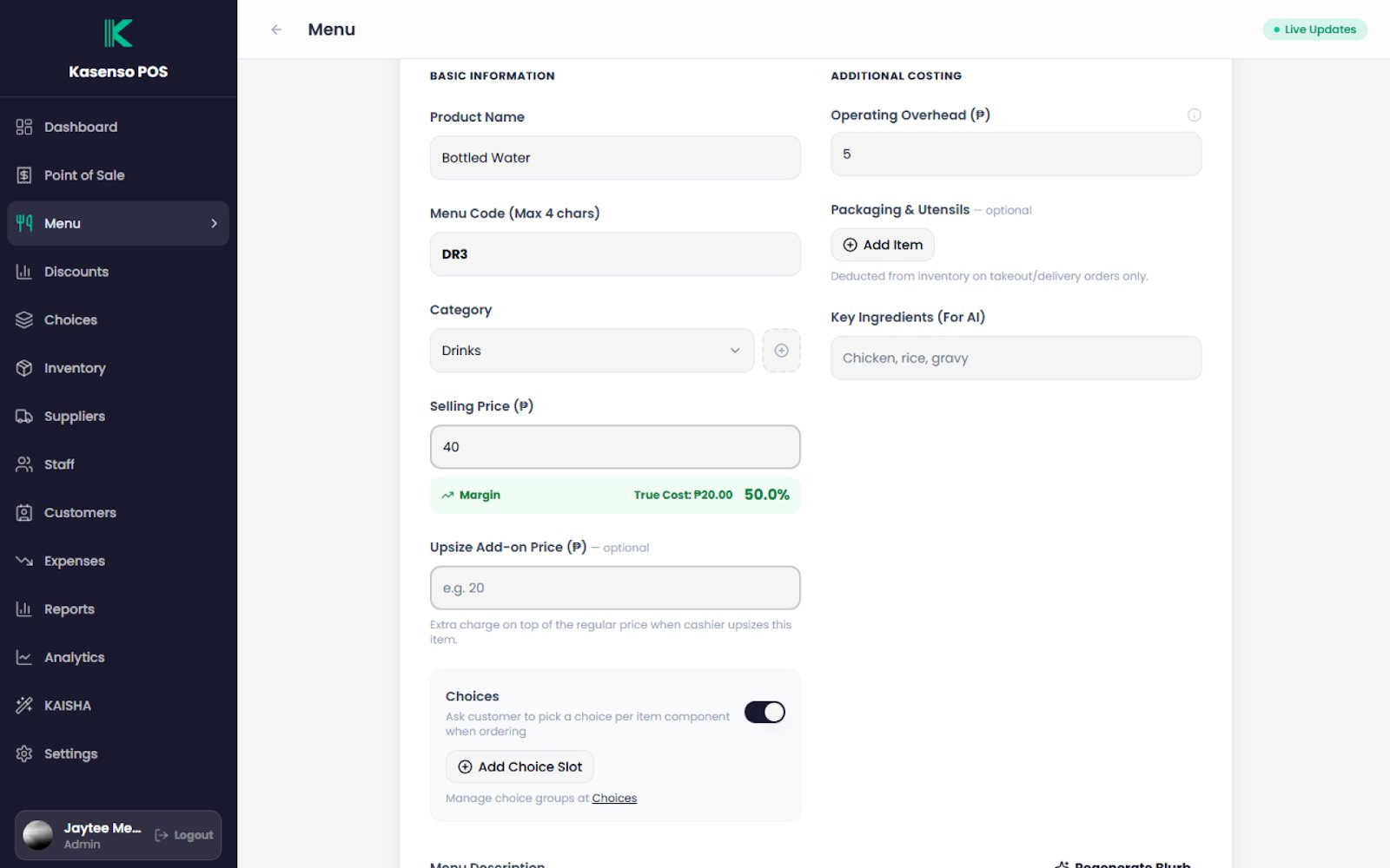 Menu item editor with selling price, margin, add-on price, and choice groups