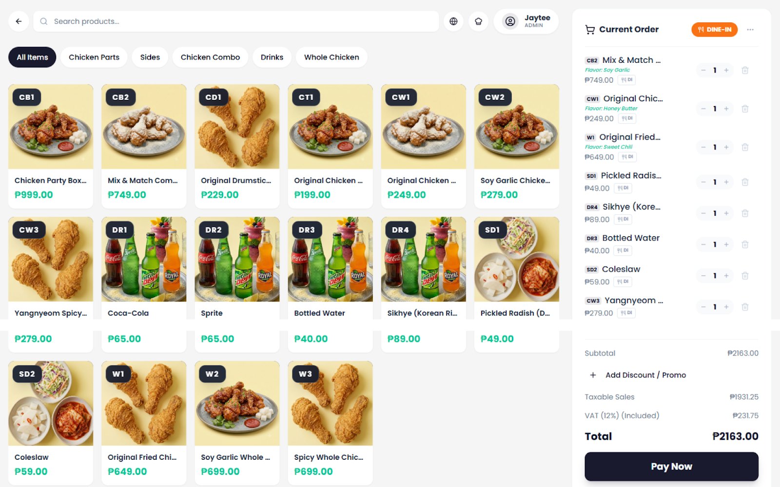 Tablet POS with category tabs, product grid, and current order with Pay Now
