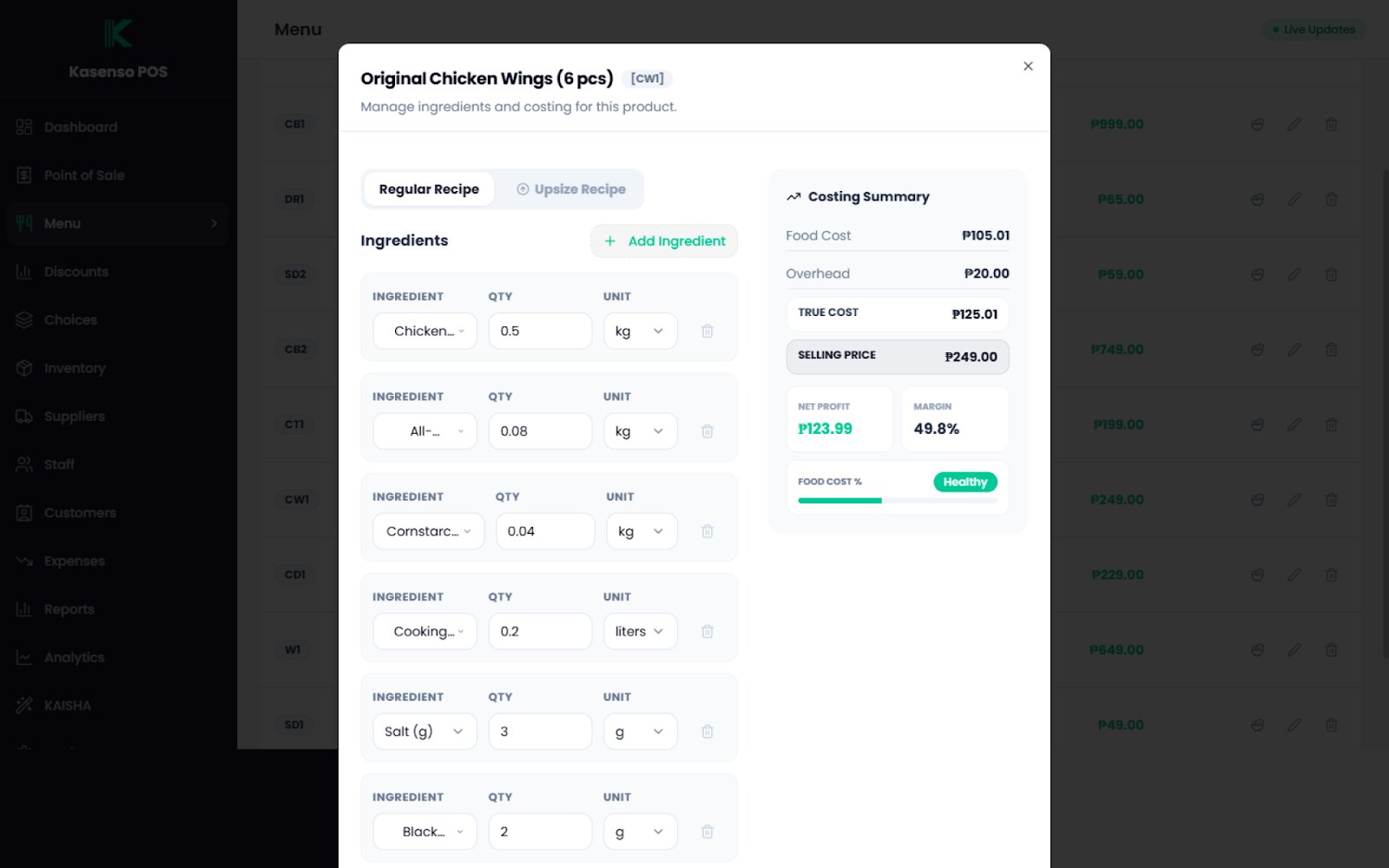 Recipe editor for Original Chicken Wings with ingredient quantities and a costing summary