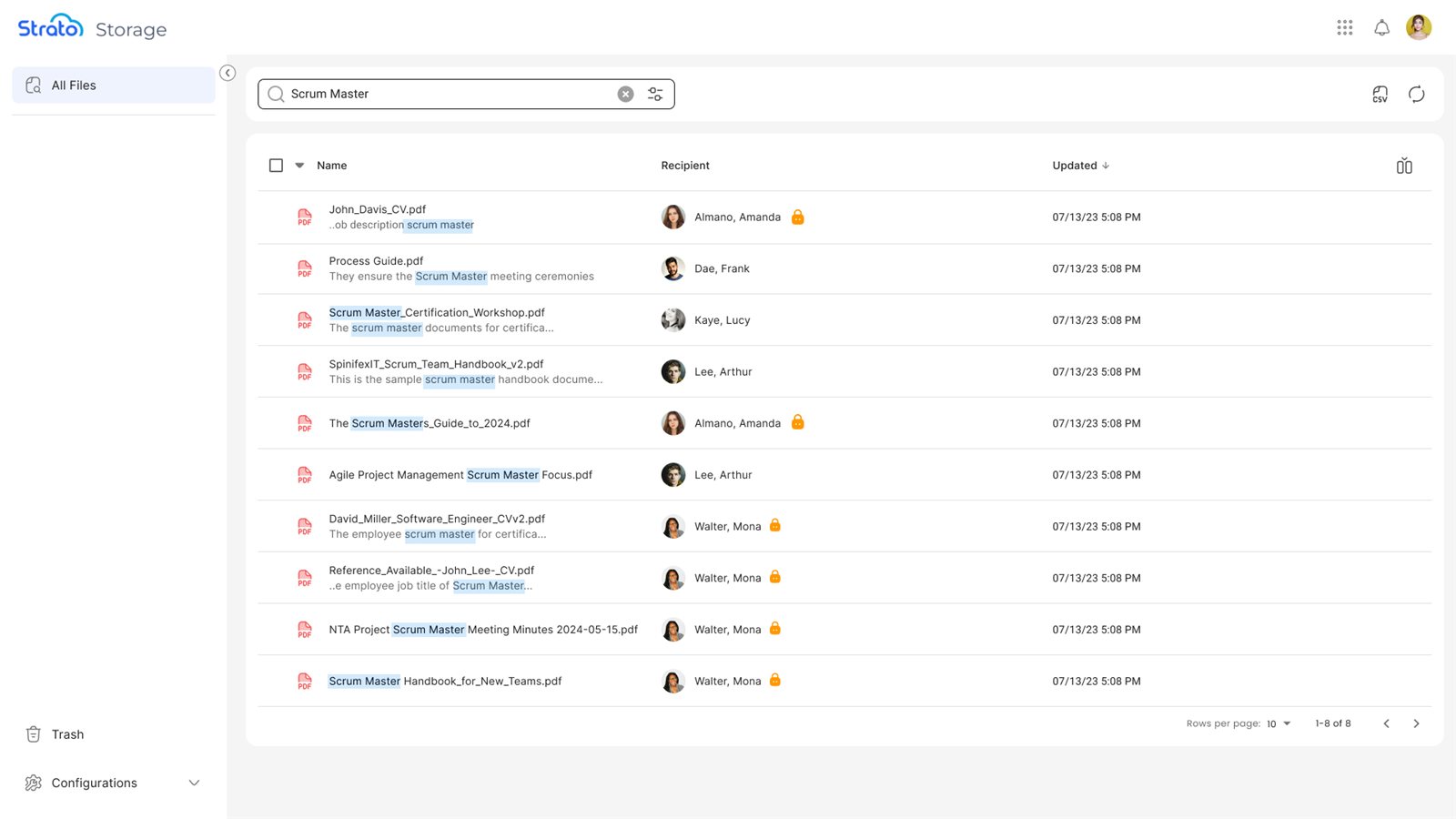 All Files search results with highlighted keyword matches inside documents