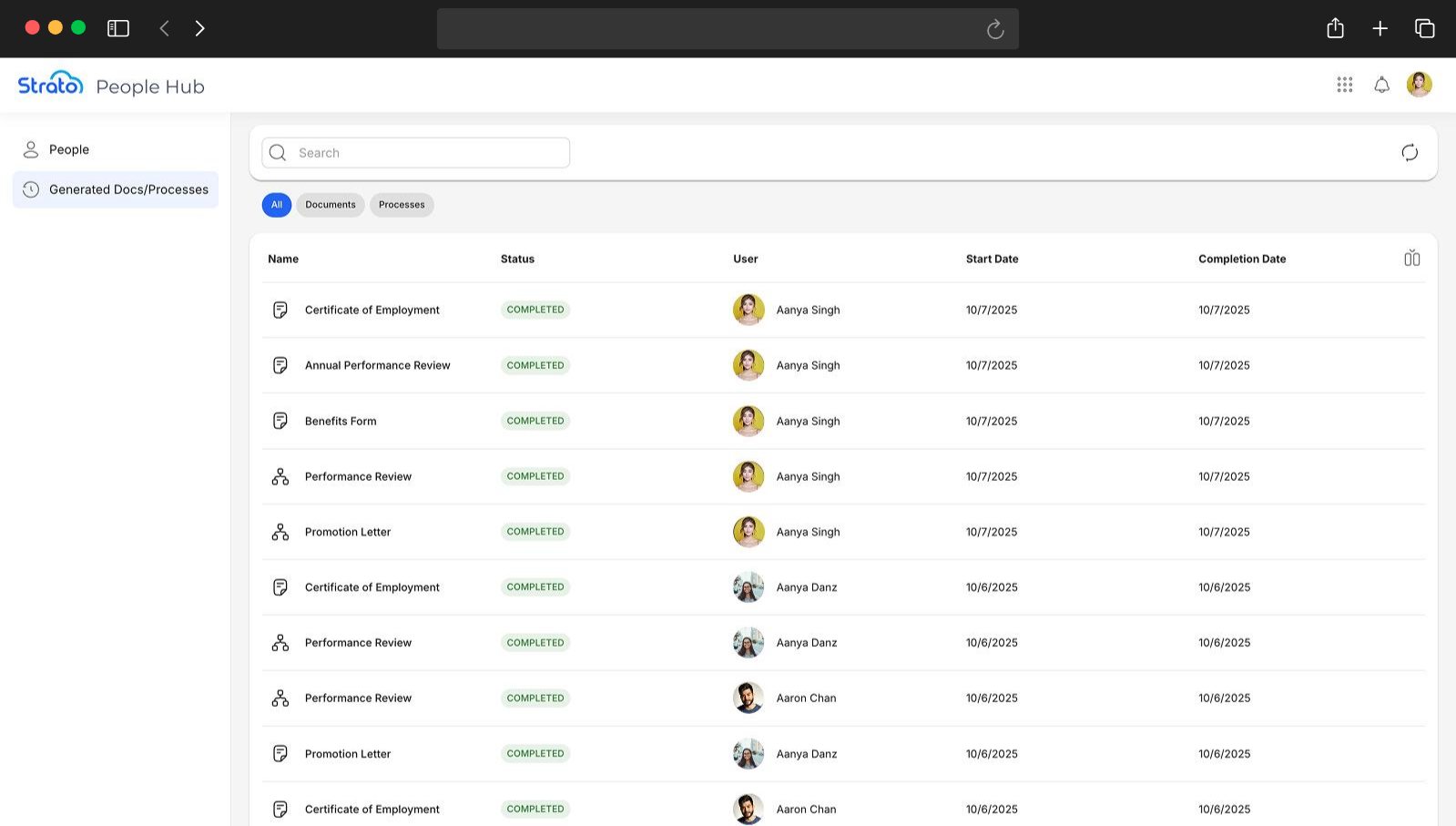 Generated Docs/Processes list with completed certificates, reviews, and promotion letters