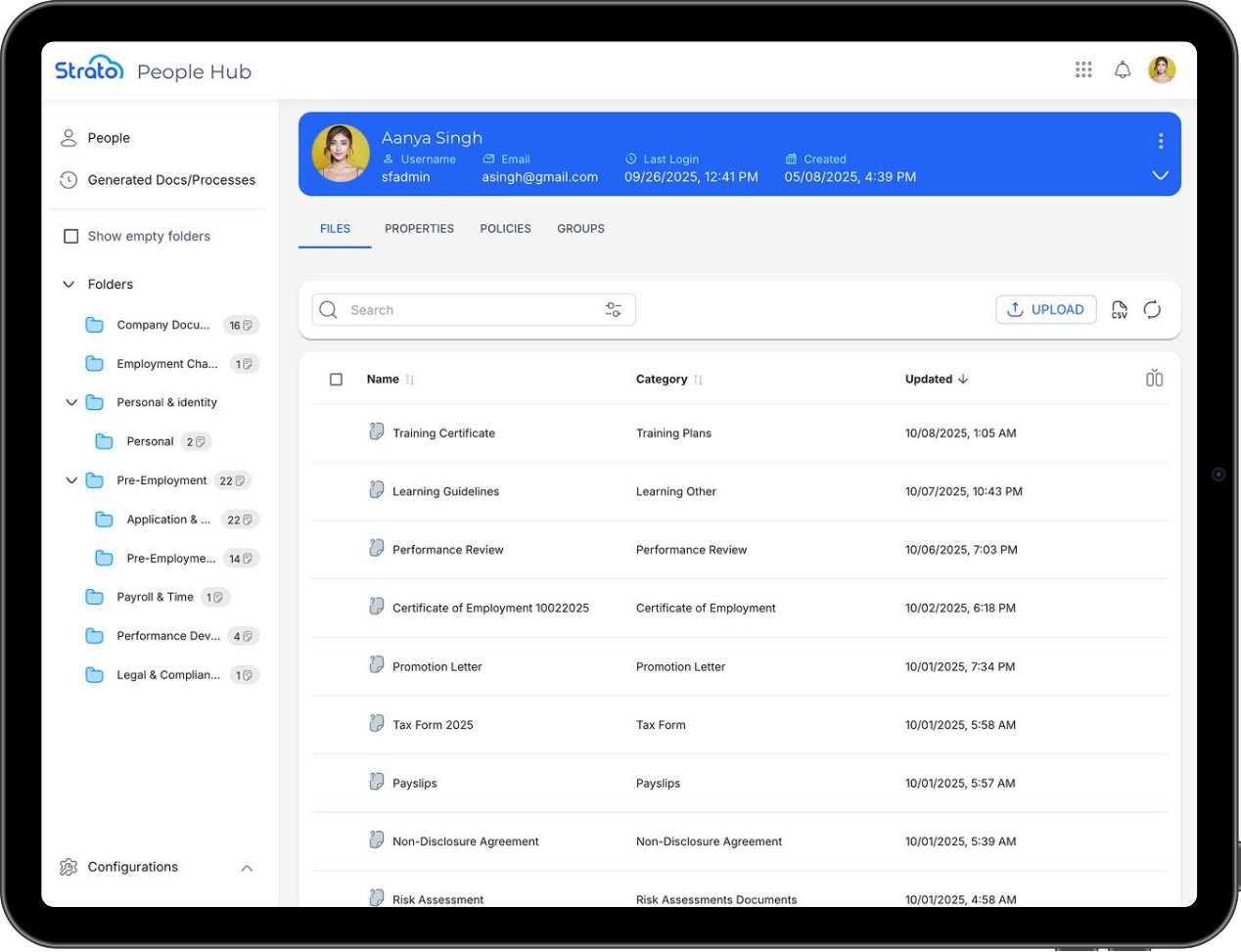 Strato People Hub on a tablet: an employee's Digital Employee File with folders and documents