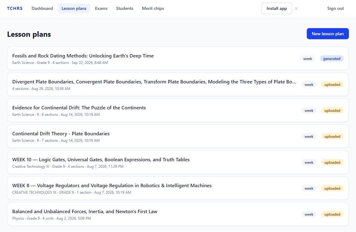 Lesson plans list with subjects, grade levels, sections, and uploaded or generated tags