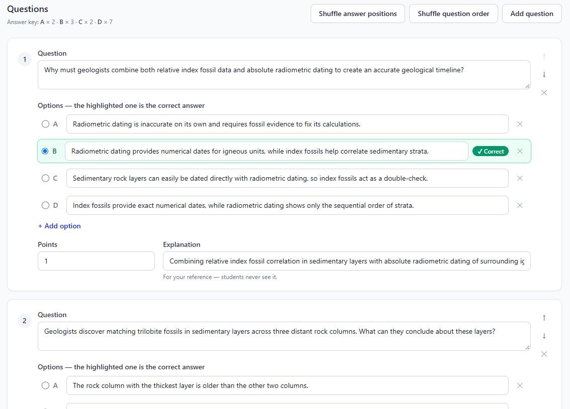 Exam question editor with options, the correct answer highlighted, points, explanation, and shuffle controls