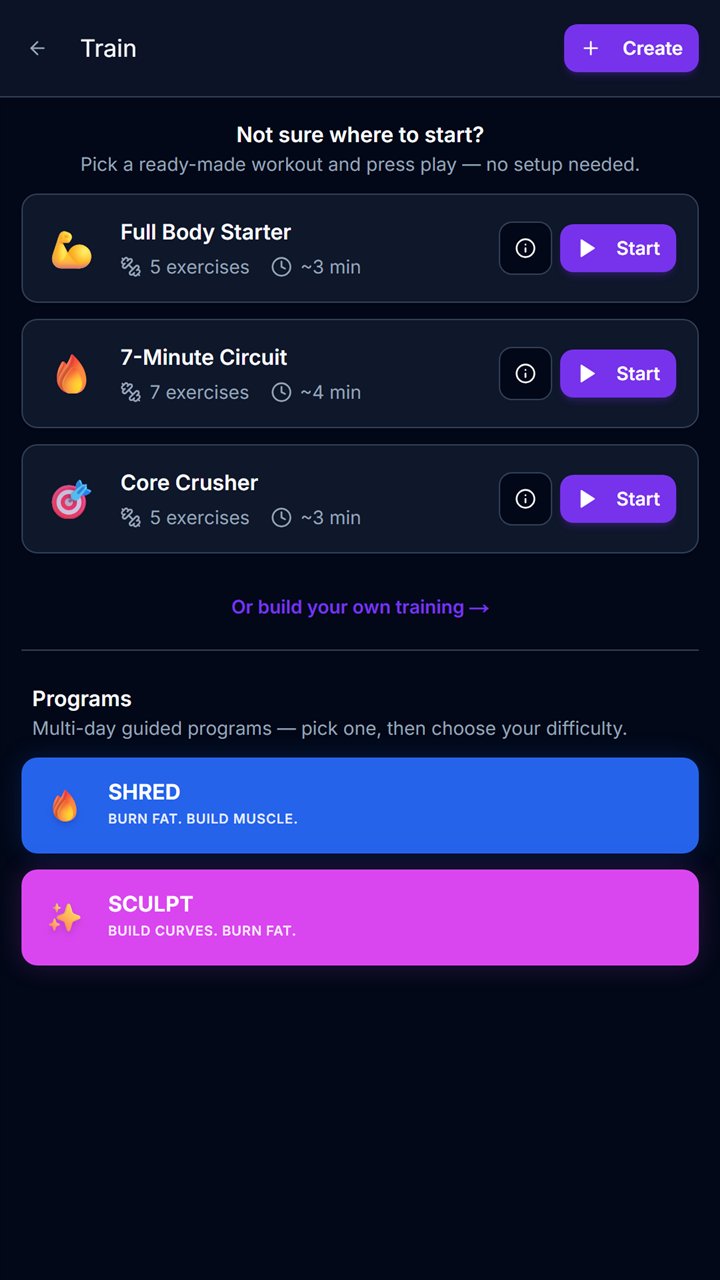 Training screen with starter workouts and programs